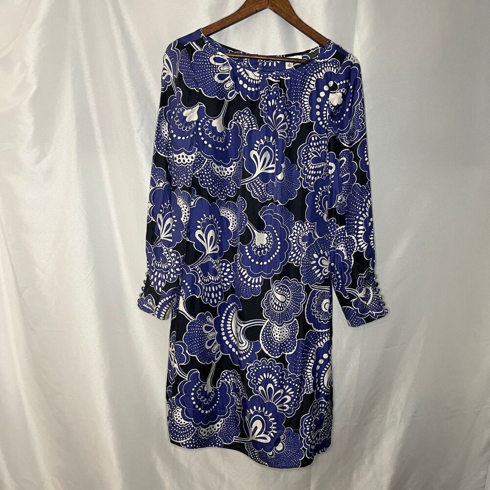 Banana Republic Dress Women’s 8 Blue Black White Paisley Silk Long Sleeve